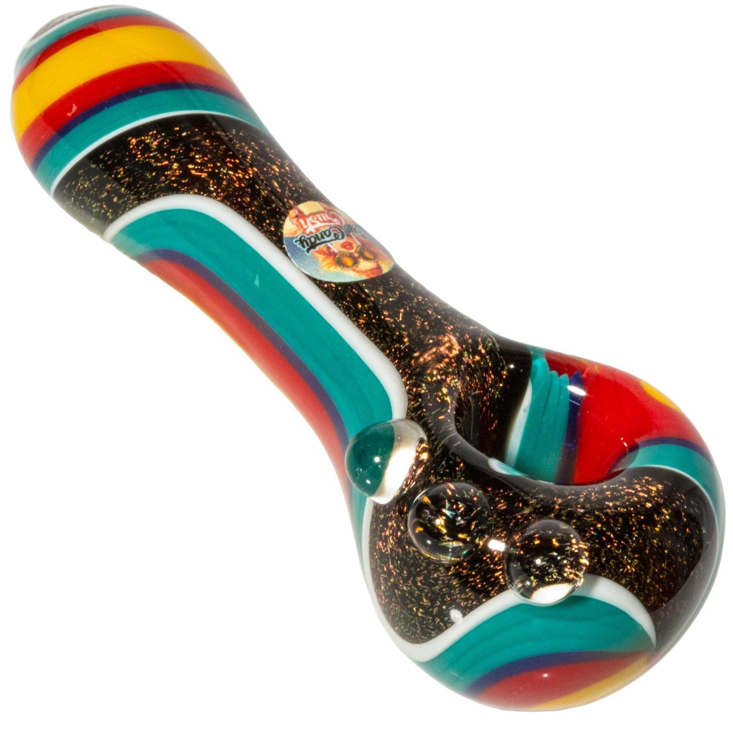 Crush Hand Pipe Yellow  & Red Dichroic Glass Spoon Pipe with Colorful Grip Bumps 4"