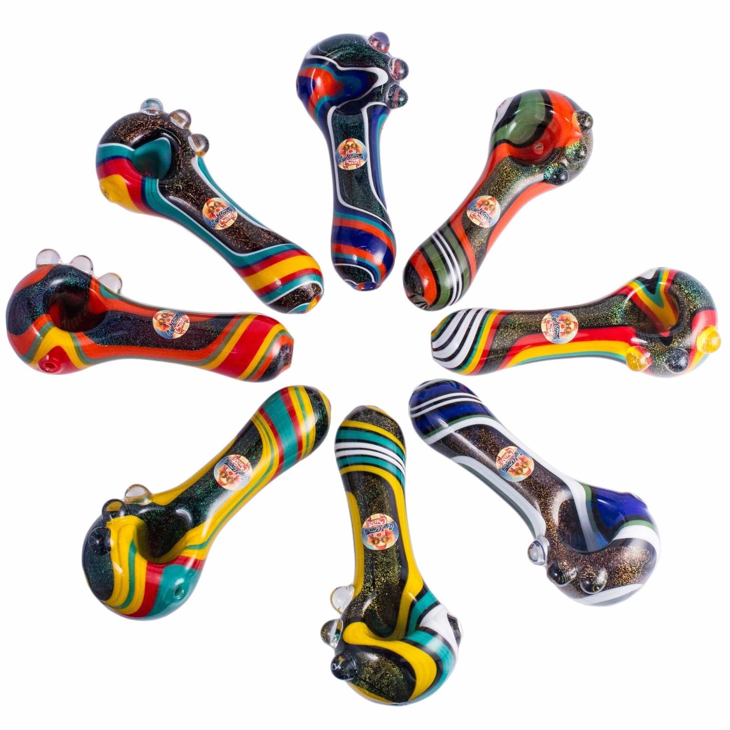 Crush Hand Pipe Dichroic Glass Spoon Pipe with Colorful Grip Bumps 4"