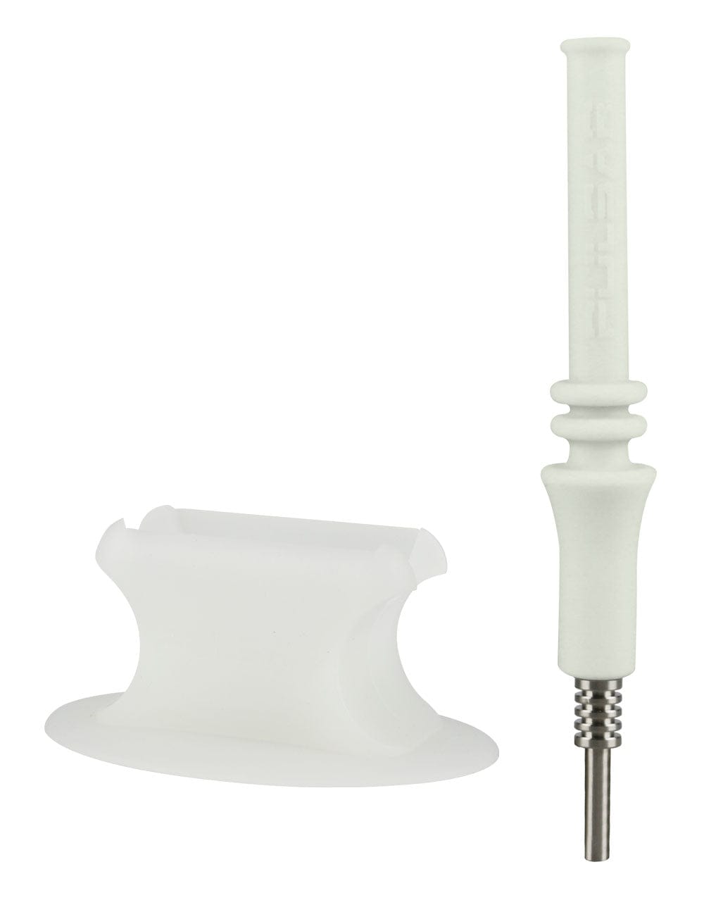 Right-side view of a white Pulsar Rip Silicone Vapor Straw W Stand showing the slim textured straw with metal tip and a matching curved silicone stand on a white background