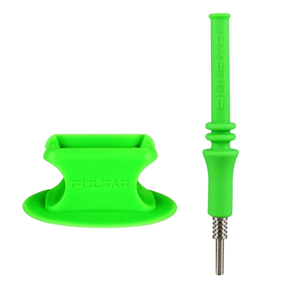 Clean white-background photo showing the Pulsar Rip Silicone Vapor Straw W Stand in bright Rasta green, straw upright and matching curved stand side-by-side.