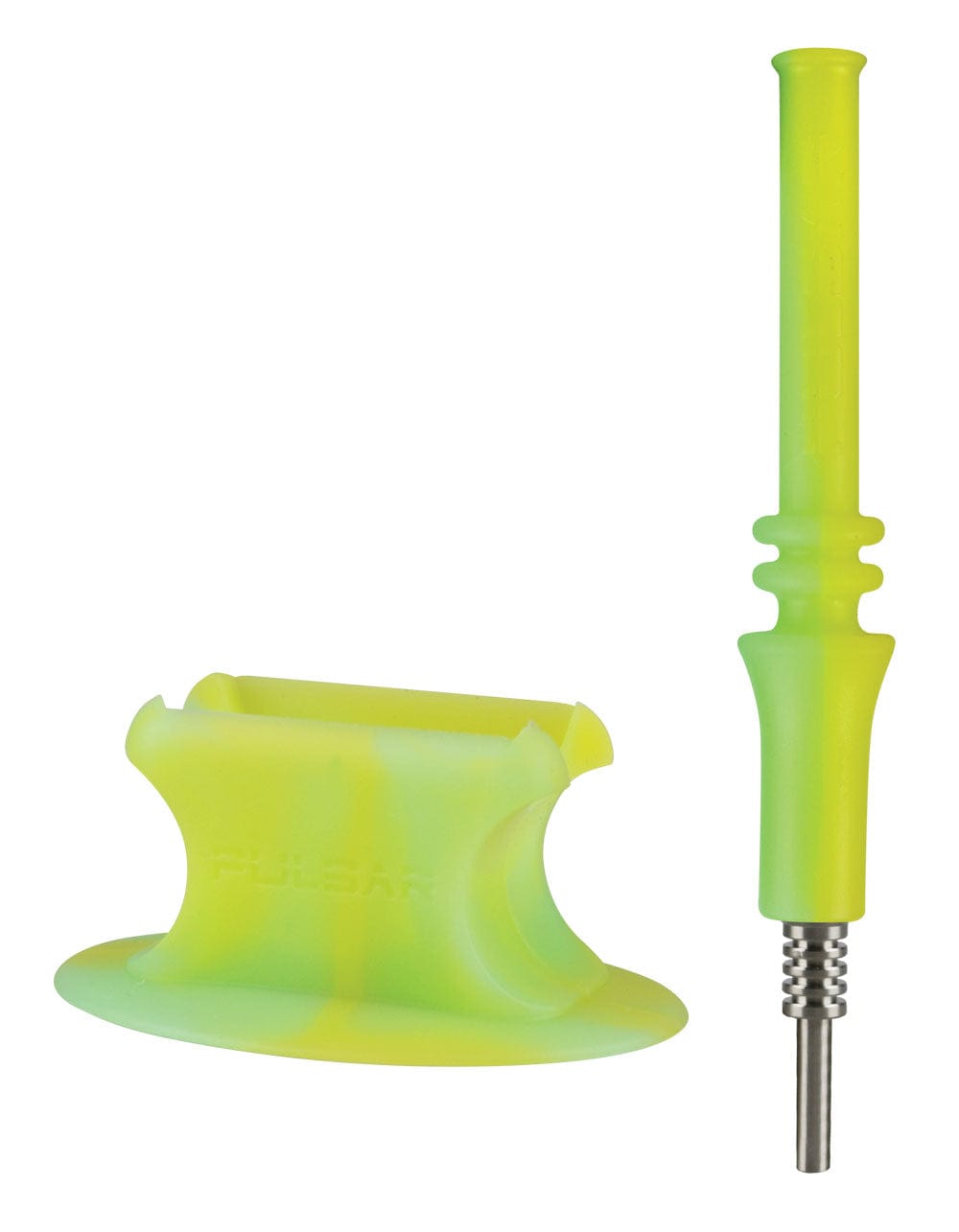 Front view of a tie-dye green-yellow Pulsar Rip Silicone Vapor Straw W Stand showing the upright silicone straw with stainless tip beside its matching curved silicone suction stand on a white background