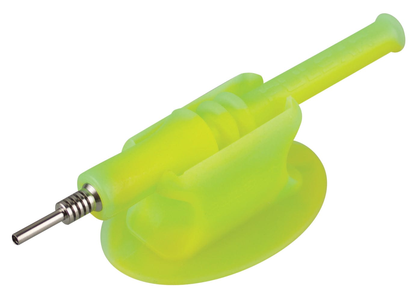 Angled close-up of a neon green Pulsar Rip Silicone Vapor Straw W Stand resting on its matching curved silicone stand, showing the metal tip and textured straw.