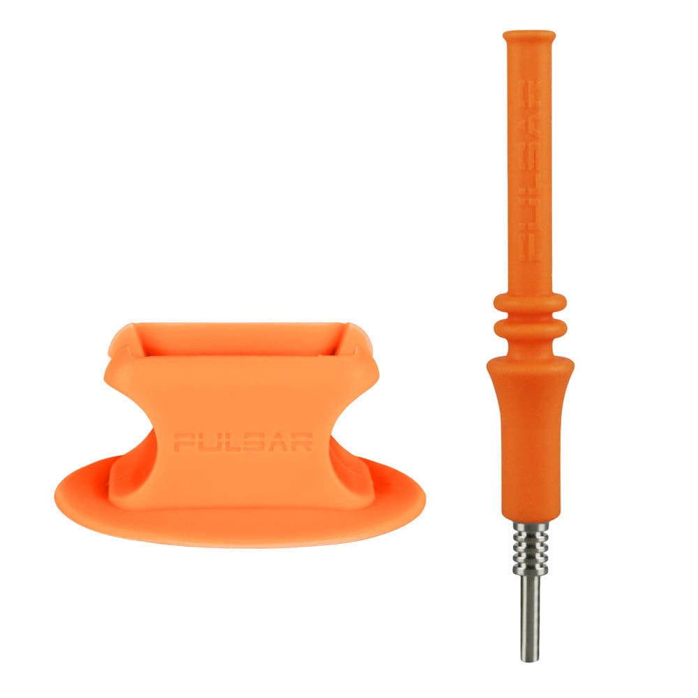 Front view of the bright orange Pulsar Rip Silicone Vapor Straw W Stand showing the upright straw with ribbed grip and matching silicone stand on a white background.