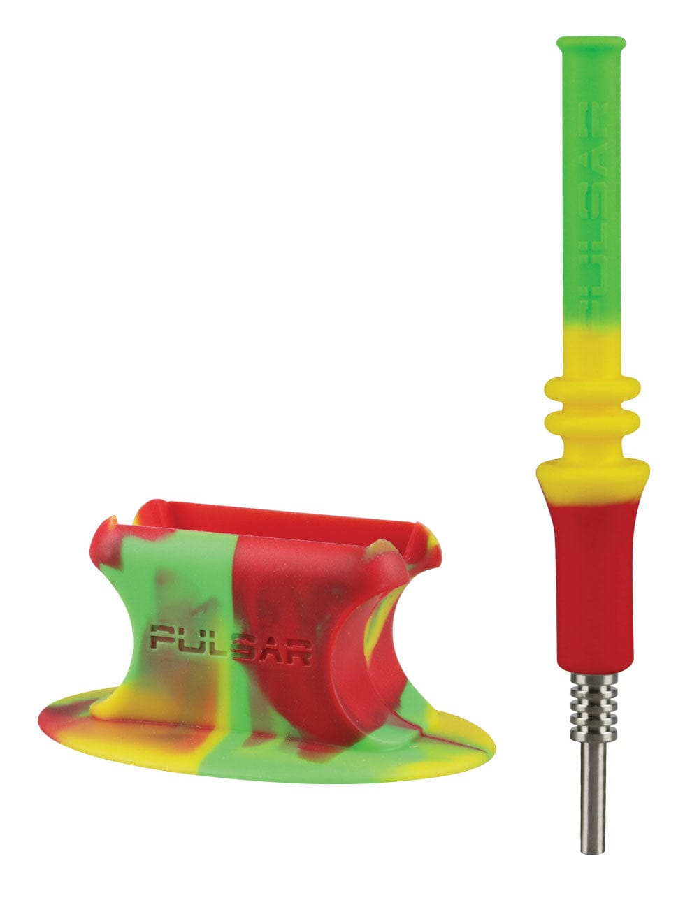 Colorful top-down view of the Pulsar Rip Silicone Vapor Straw W Stand showing a red, yellow, and green swirled silicone stand embossed with PULSAR beside a matching tall silicone straw with stainless tip.