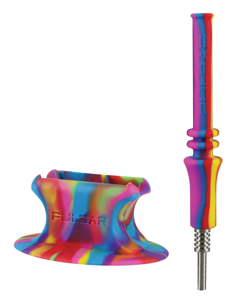 Front view of the rainbow-striped Pulsar Rip Silicone Vapor Straw W Stand showing the straw upright with its metal tip beside the contoured silicone stand on a white background