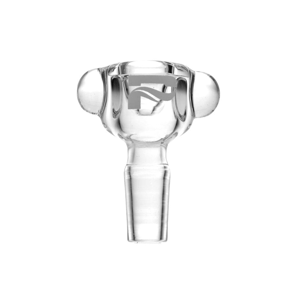 Center-front view of a clear glass Pulsar High End Glass Herb Slide showing the bowl, two rounded side handles and tapered stem against a white background