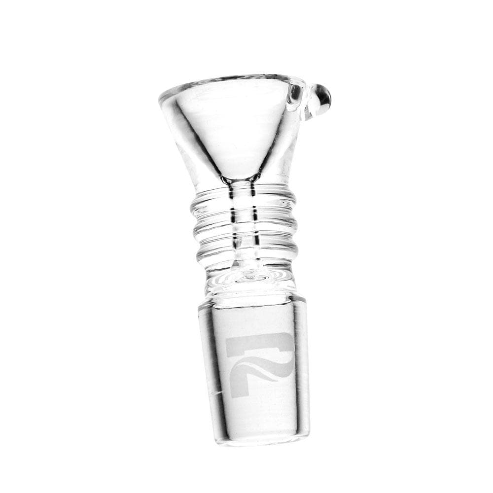 Top-down view of the clear Pulsar Glass Bong Bowl showing its flared funnel, ribbed neck, and frosted logo on the stem against a white background