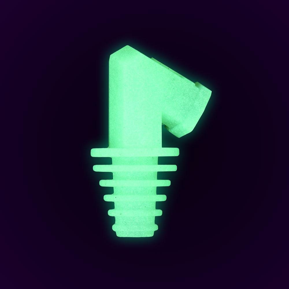 Close-up front view of a glowing teal Pulsar Silicone Cart Rig Adapter set against a dark purple background.
