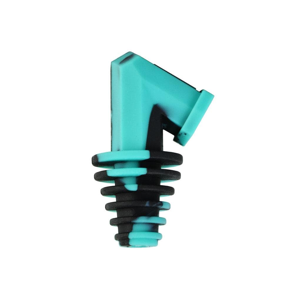 Top-down view of the turquoise and black Pulsar Silicone Cart Rig Adapter showing its angled mouthpiece and ribbed silicone stopper against a white background