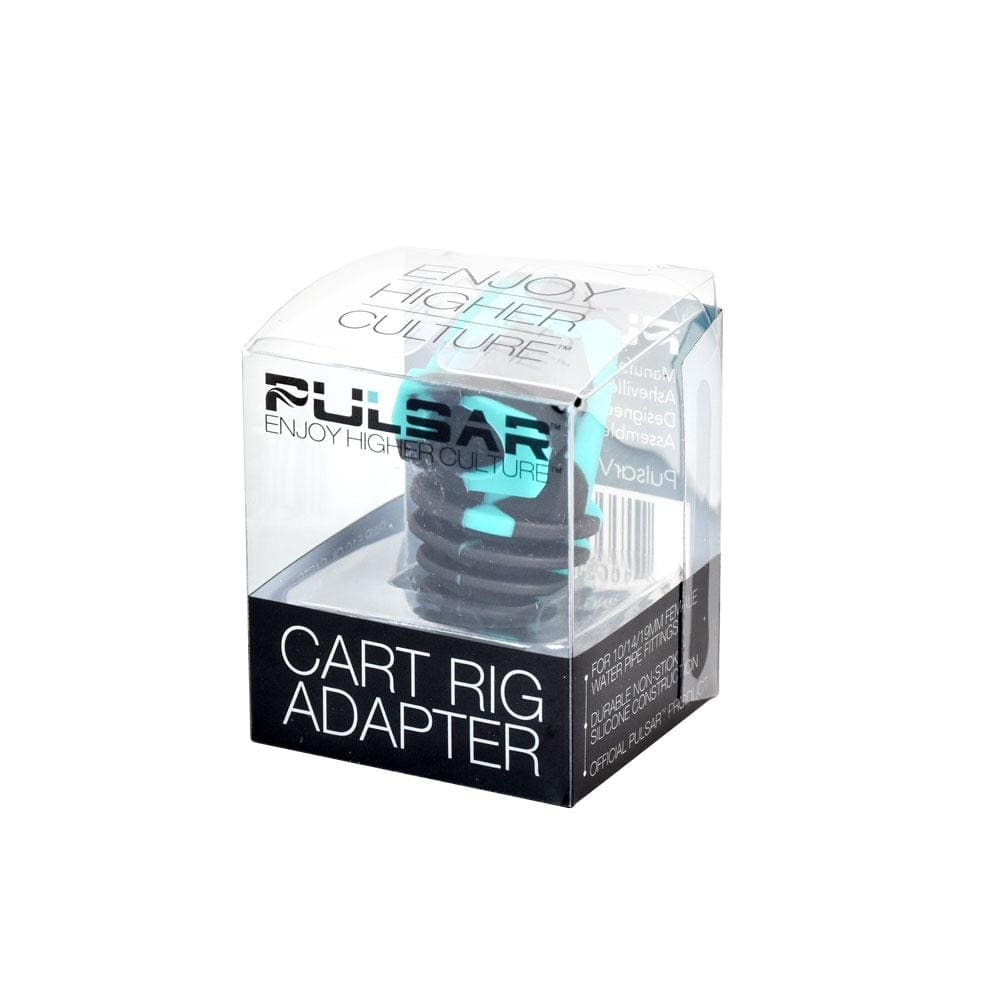 Front three-quarter view of a Pulsar Silicone Cart Rig Adapter in clear retail packaging showing the black and teal silicone adapter inside.