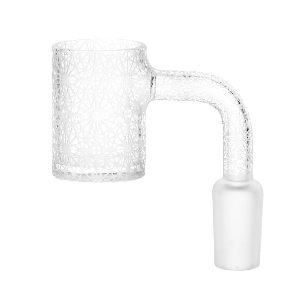 Side view of the clear Pulsar Geometric Lace Etched Quartz Banger showing its patterned cylindrical cup and curved frosted stem against a white background