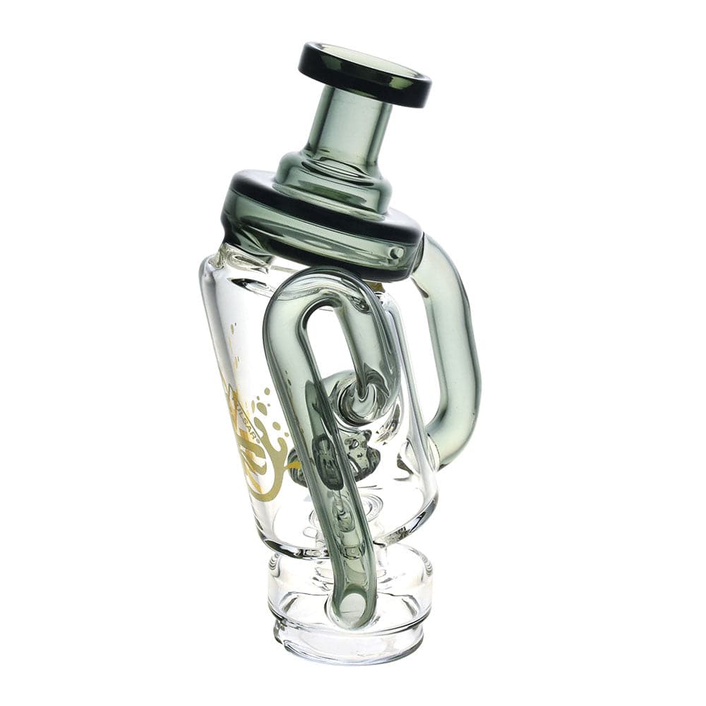 Angled studio shot of the Pulsar Puffco Peak/Pro Recycler Attachment #2 -6.75"/Clrs Vry in smoke glass, showing its twisted internal recycler tubes and flared mouthpiece against a white background