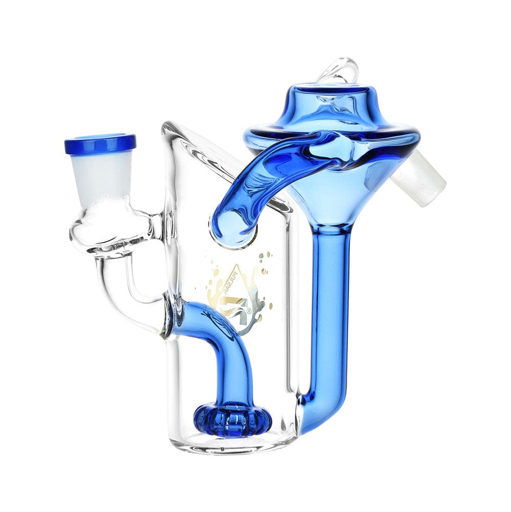 Front three-quarter view of the Pulsar Alchemist Recycler Ash Catcher | 14Mm | 5" | Colors Vary showing clear glass with vibrant blue accents and a spiraled internal recycler against a white background