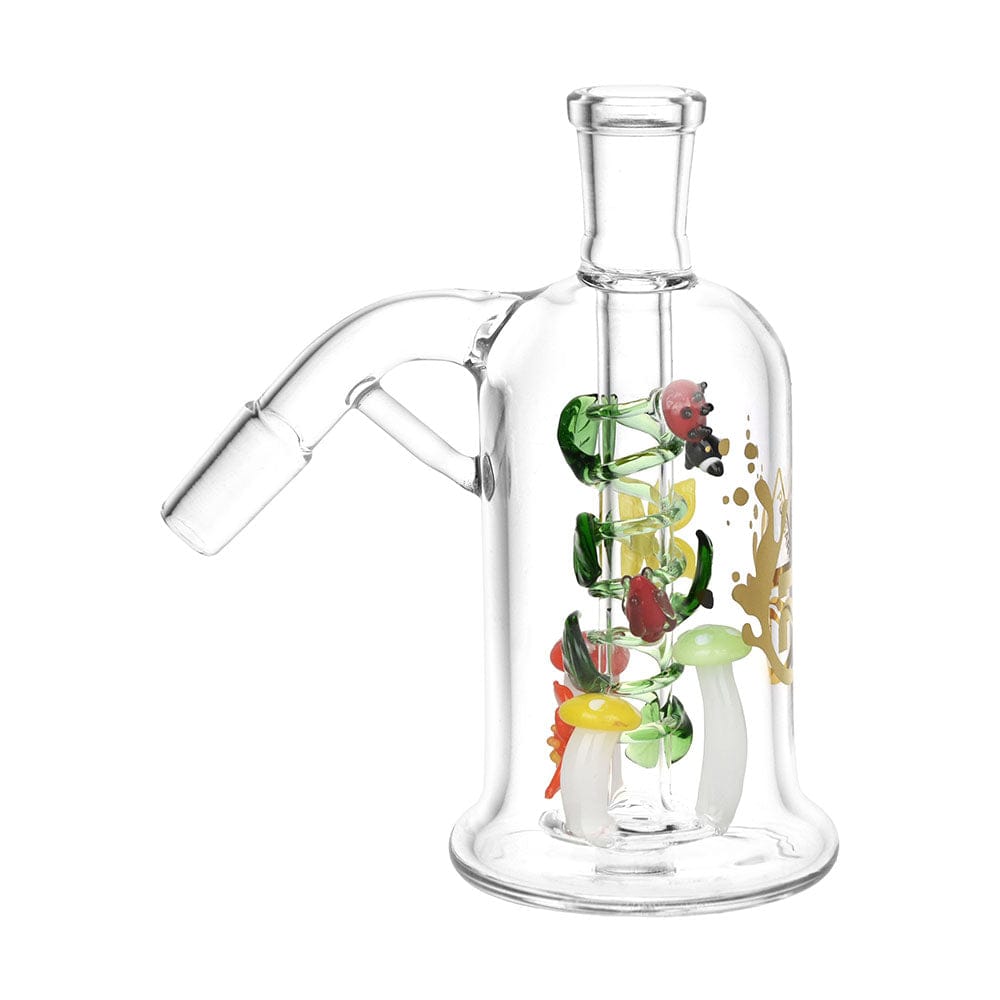 Angled view of the clear Pulsar Trippy Garden Ash Catcher | 14Mm showing internal green vine spirals and tiny red and yellow mushroom and ladybug glass accents.