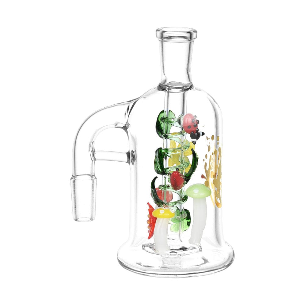 Front three-quarter view of the clear Pulsar Trippy Garden Ash Catcher | 14Mm showing internal green vine spirals, tiny red ladybugs and colorful glass mushrooms on a white background