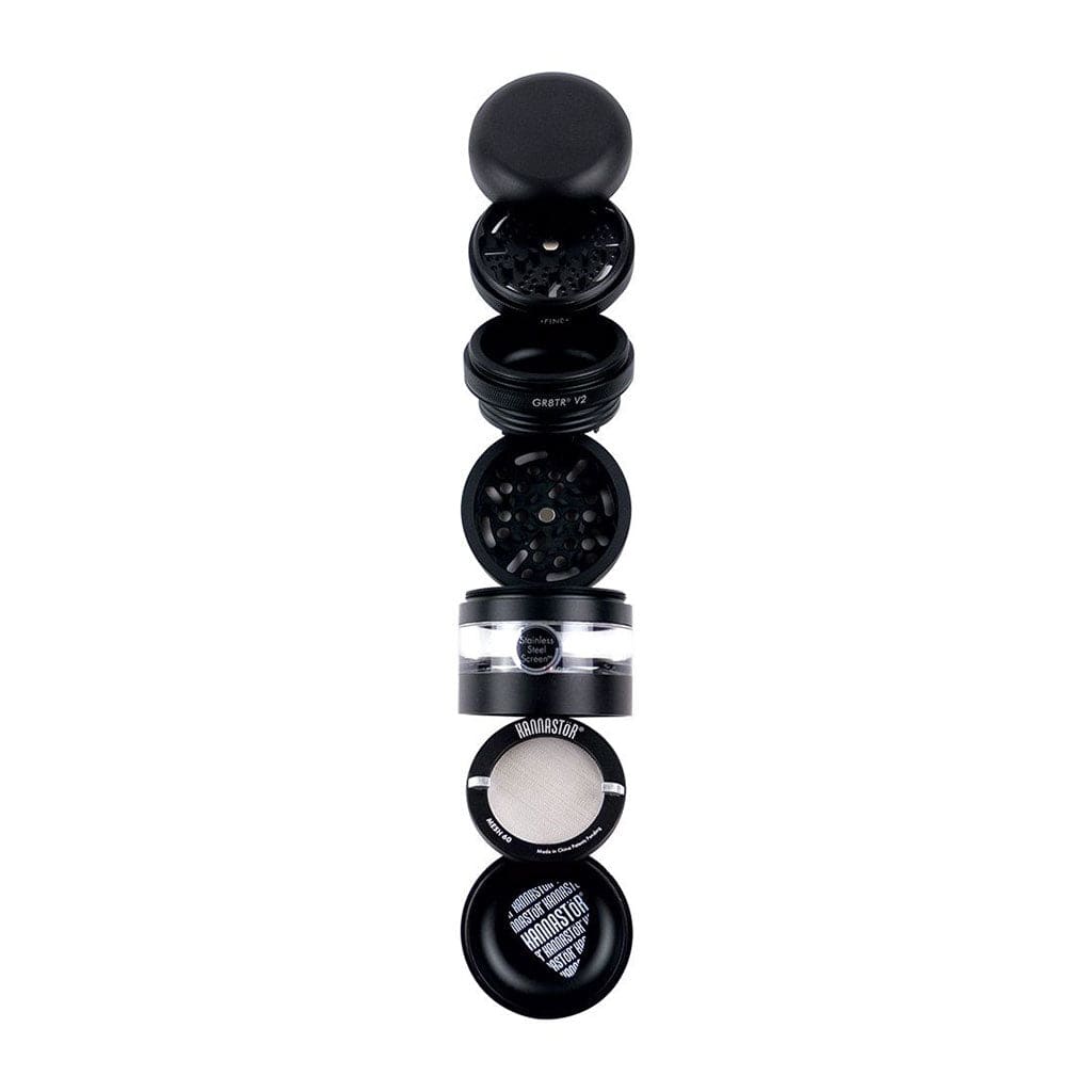 Top-down view of the Matte Silver Ryot Gr8Tr Jar Body Grinder shown disassembled into its stacked chamber components on a white background.