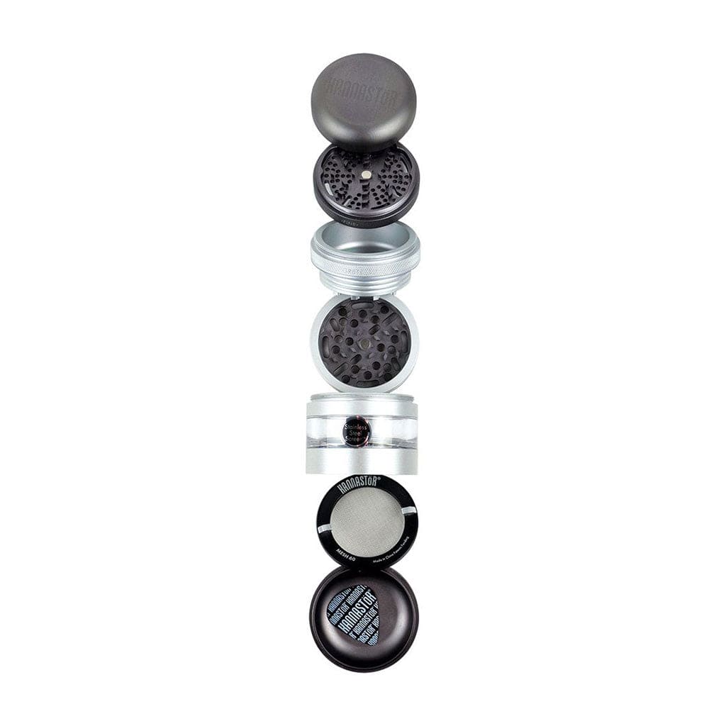Top-down exploded view of the Ryot Gr8Tr Jar Body Grinder showing its stacked lid, dual grinding chambers, clear middle storage, and mesh screen.