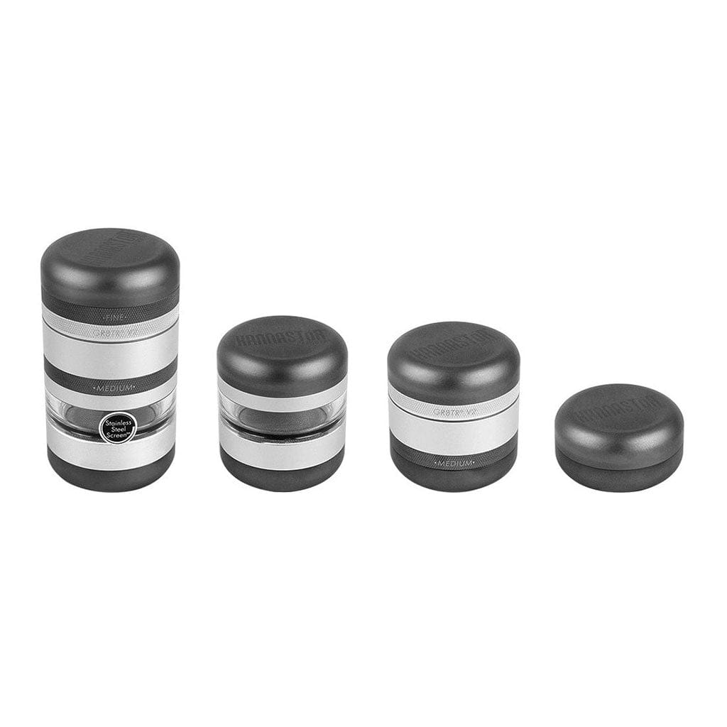 Row of four views showing the Ryot Gr8Tr Jar Body Grinder from tall assembled to fully separated, photographed on a white background.
