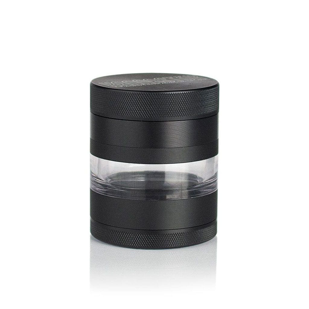 Centered front view of the cylindrical Ryot 4Pc Jar Body Grinders in matte black with a clear midsection band and textured top and bottom edges.