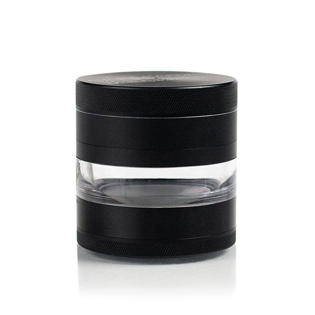 Centered front view of the Ryot 4Pc Jar Body Grinders showing a black cylindrical stack with a clear middle chamber against a white background.