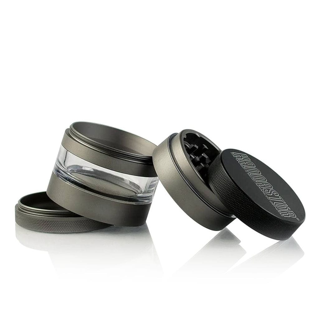 Angled close-up of the Ryot 4Pc Jar Body Grinders showing metal lids, clear middle jar section, and the textured grinder top.