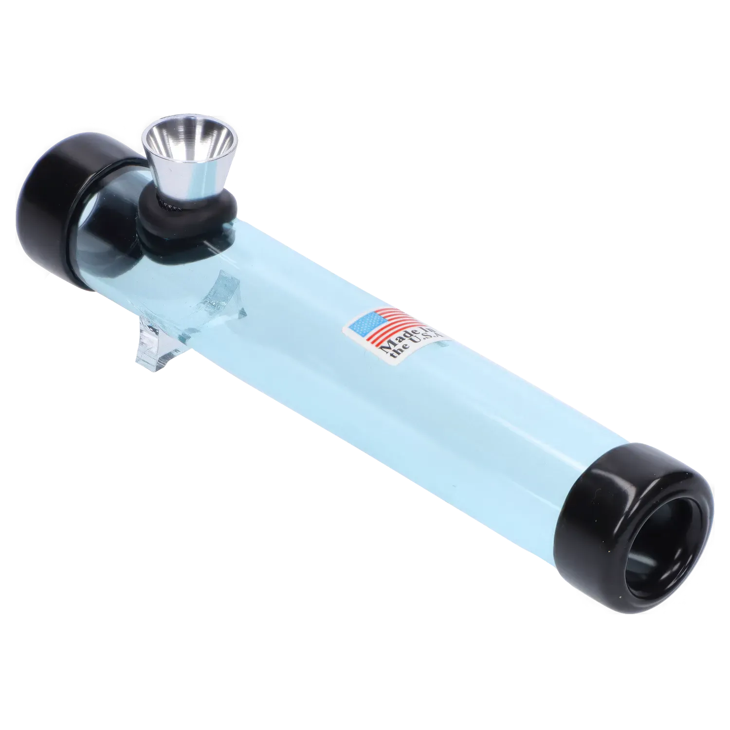 Angled close-up of the light blue JM Plastics Smokey Joes Acrylic Steam Roller - 6 in. showing its metal bowl, black end caps, small clear stand, and a "Made in the USA" sticker