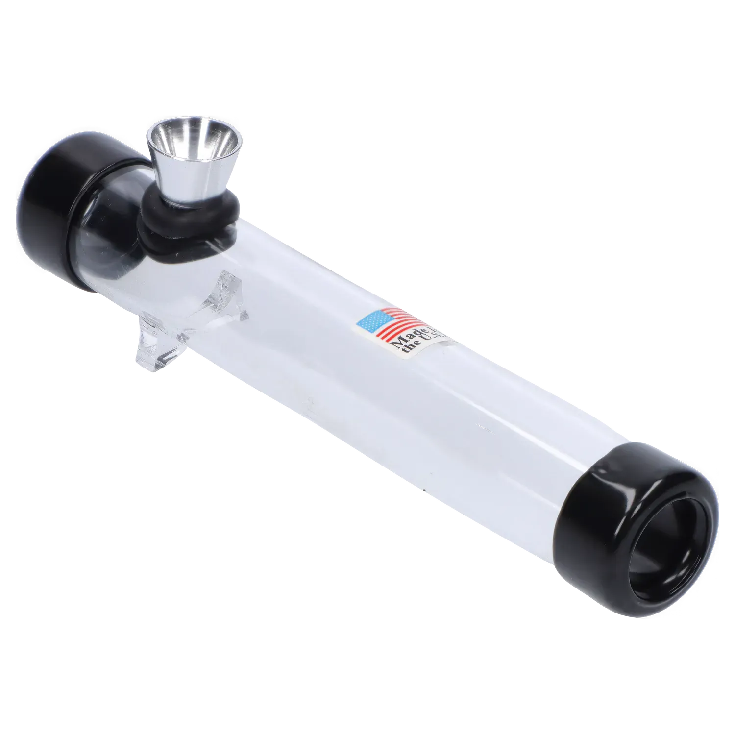 Angled close-up of the clear JM Plastics Smokey Joes Acrylic Steam Roller - 6 in. showing its metal bowl, black end caps, and small "Made in USA" sticker