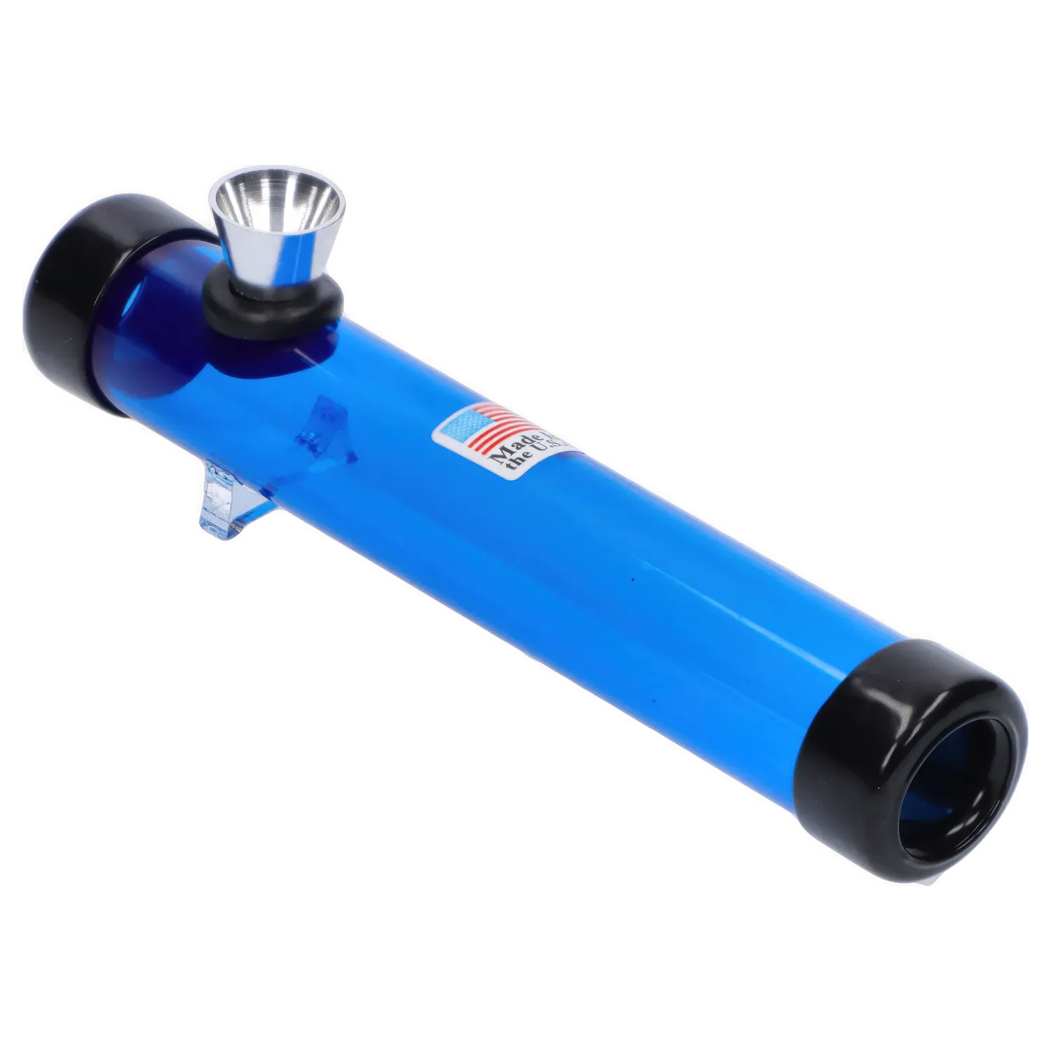 Angled close-up of the JM Plastics Smokey Joes Acrylic Steam Roller - 6 in. showing its glossy blue tube, black end caps, and metal bowl from a low perspective