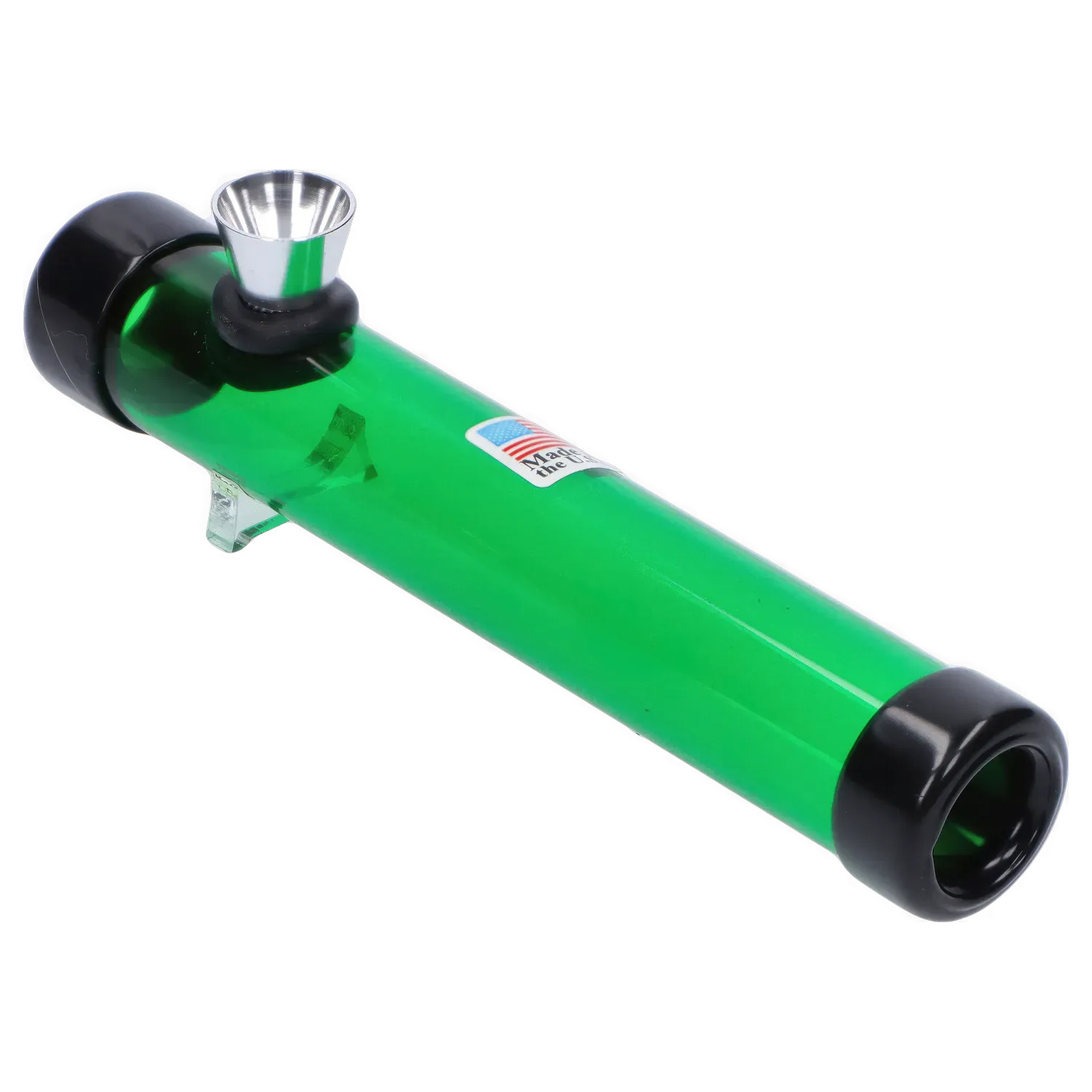 Angled studio view of the green JM Plastics Smokey Joes Acrylic Steam Roller - 6 in. showing its metal bowl, black end caps, and small clear stand.