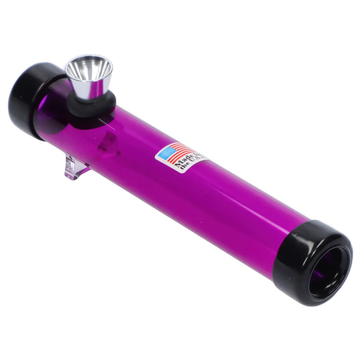 Angled close-up of the purple JM Plastics Smokey Joes Acrylic Steam Roller - 6 in. showing its metal bowl, black end caps, and small clear stand