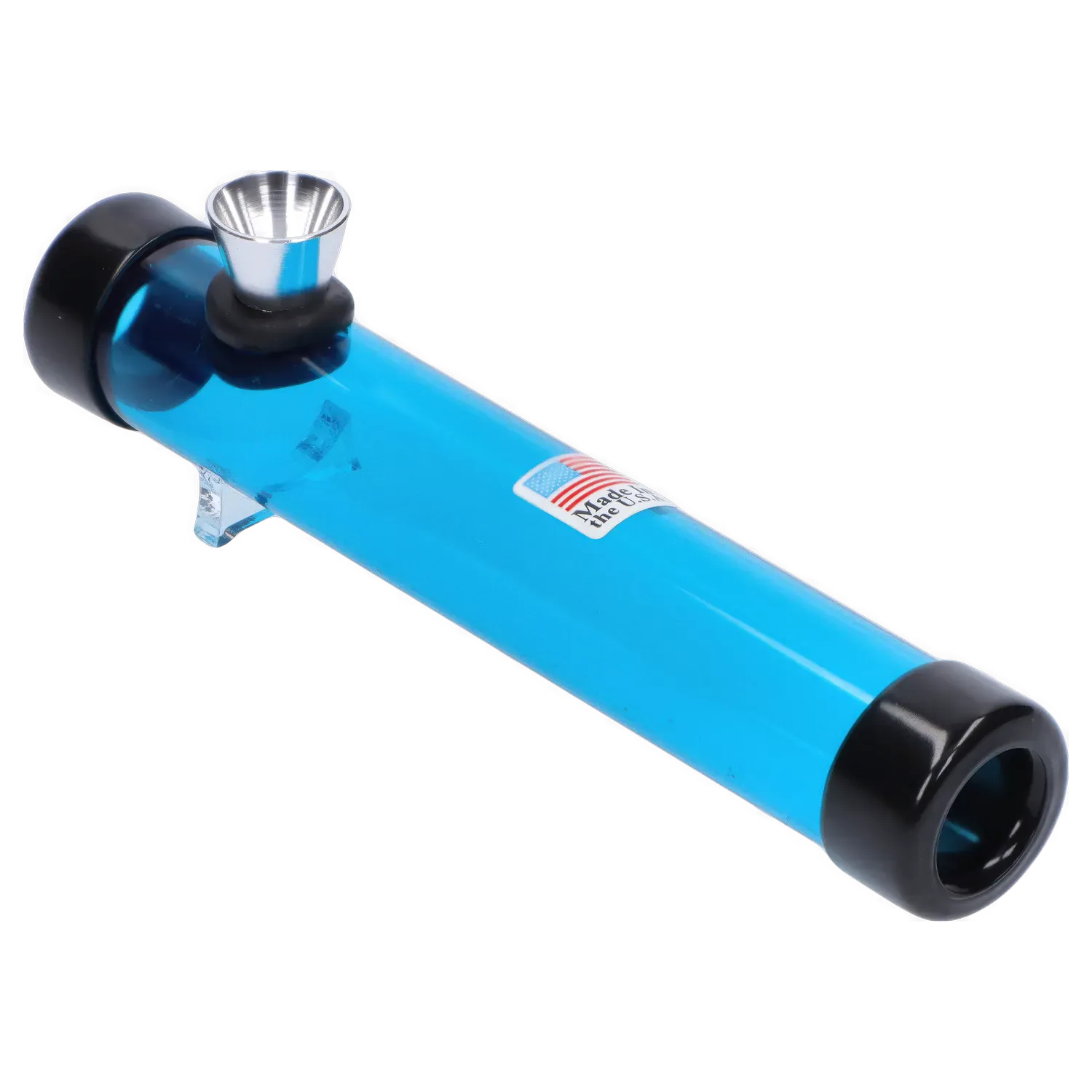 Angled close-up of the JM Plastics Smokey Joes Acrylic Steam Roller - 6 in. showing its glossy blue tube, black end caps, metal bowl and small clear stand.