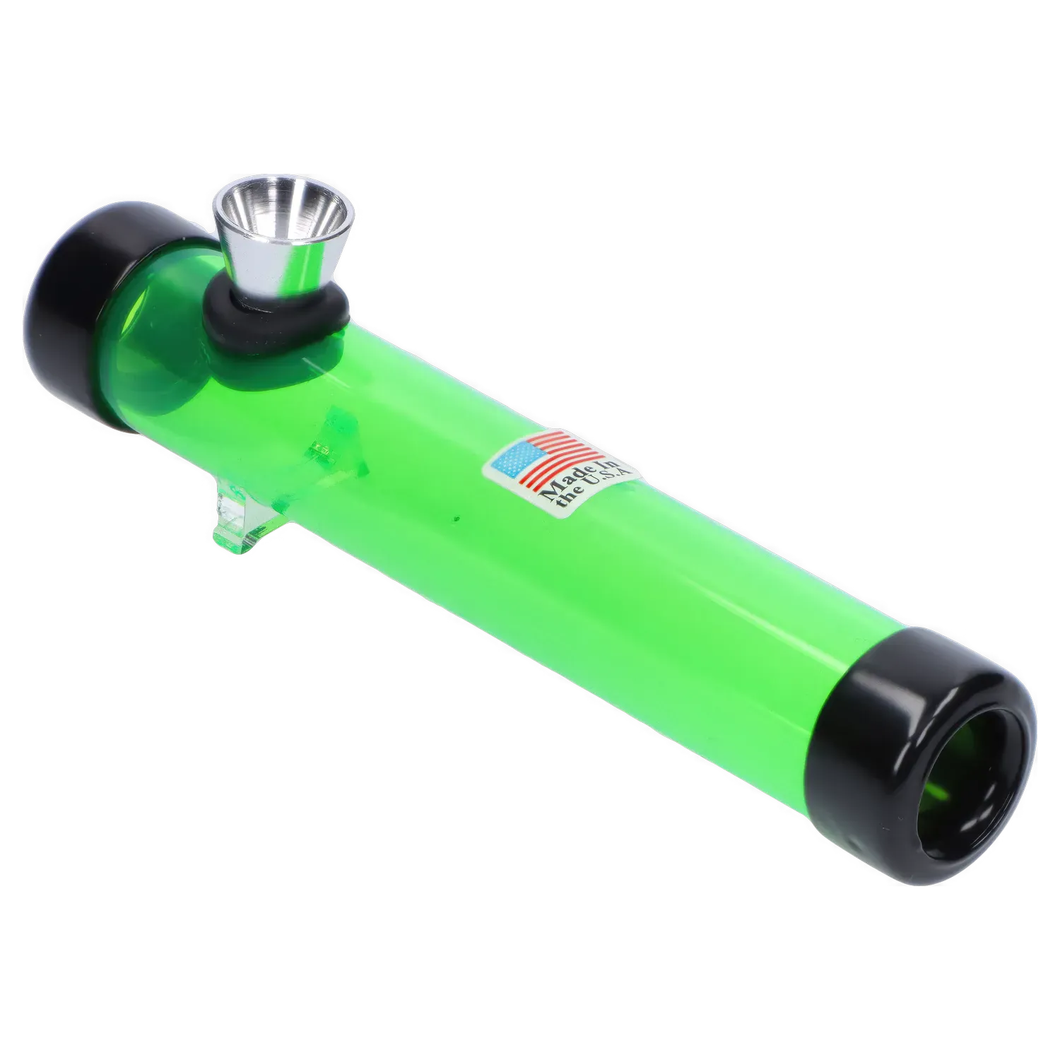 Angled close-up of the JM Plastics Smokey Joes Acrylic Steam Roller - 6 in. showing a translucent green tube with black end caps, metal bowl, and a small American flag sticker.