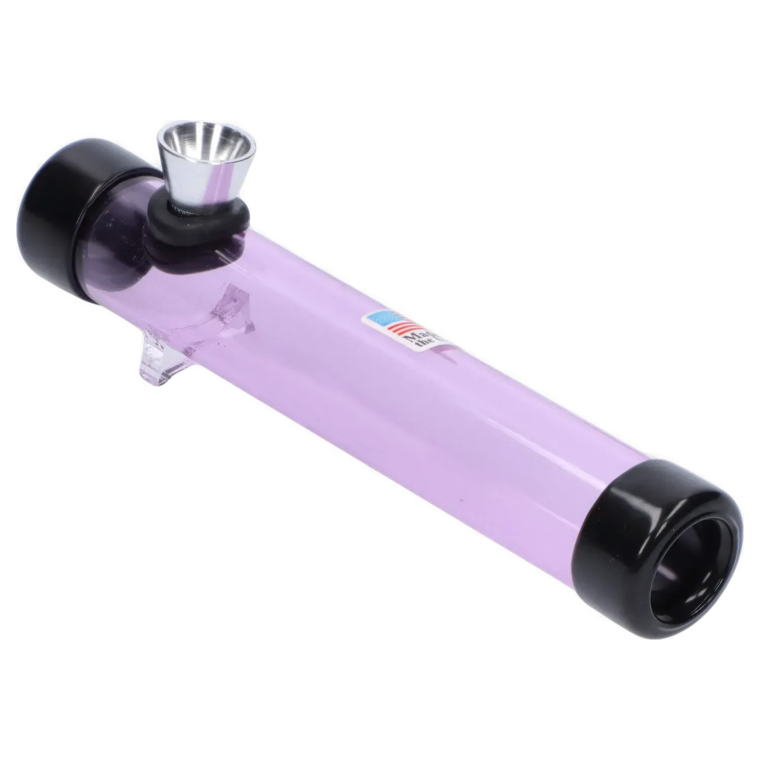 Angled close-up of the JM Plastics Smokey Joes Acrylic Steam Roller - 6 in. showing a purple acrylic tube with black end caps, a metal bowl, and a small clear plastic stand.