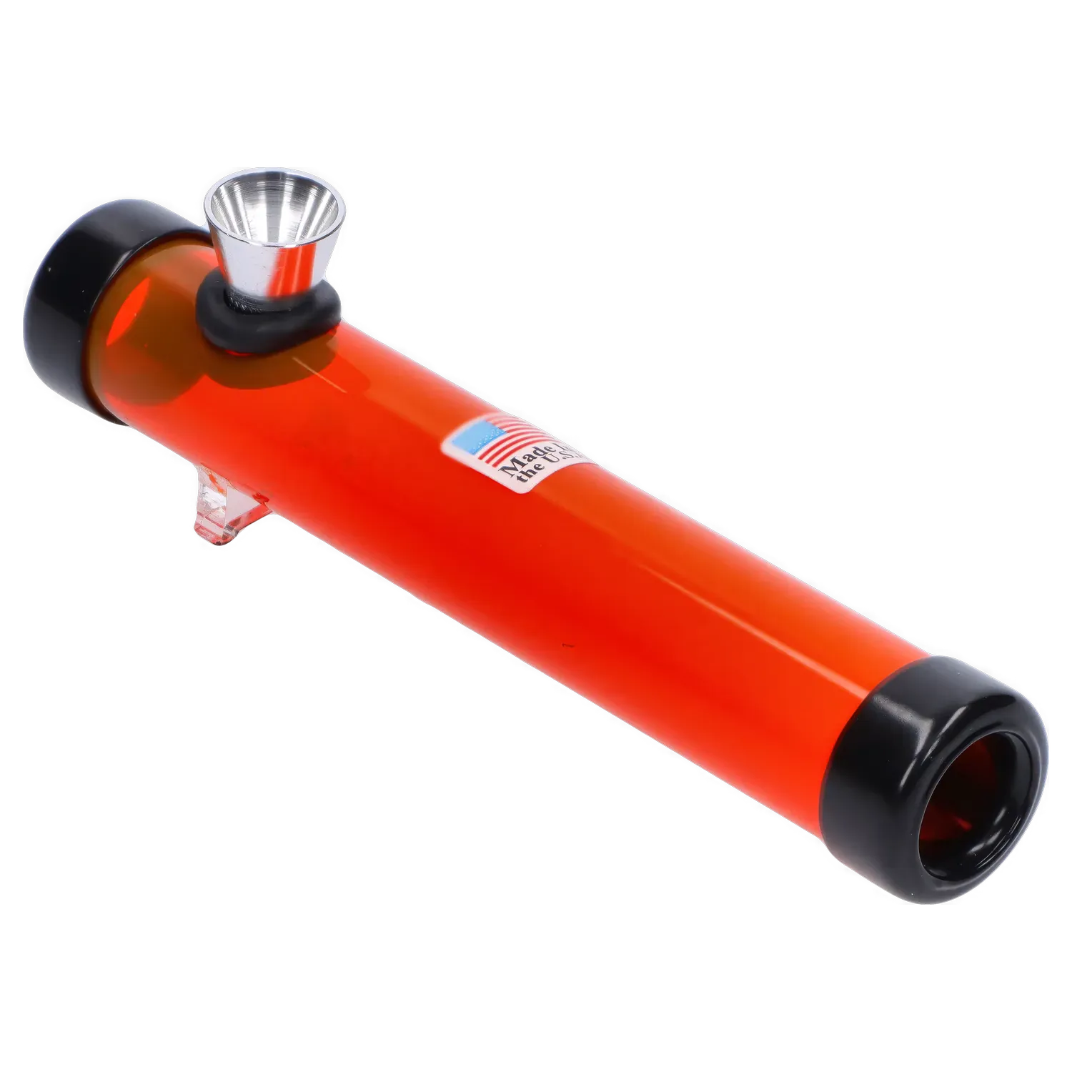 Angled close-up of the bright orange JM Plastics Smokey Joes Acrylic Steam Roller - 6 in. showing its metal bowl, black end caps, and small clear stand