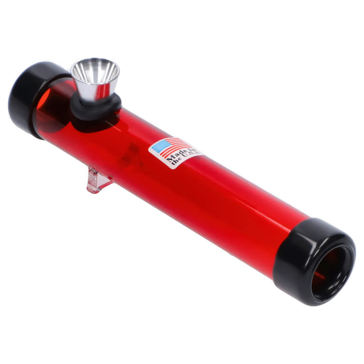 Angled close-up of the red JM Plastics Smokey Joes Acrylic Steam Roller - 6 in. on a white background, showing its metal bowl and black end caps.
