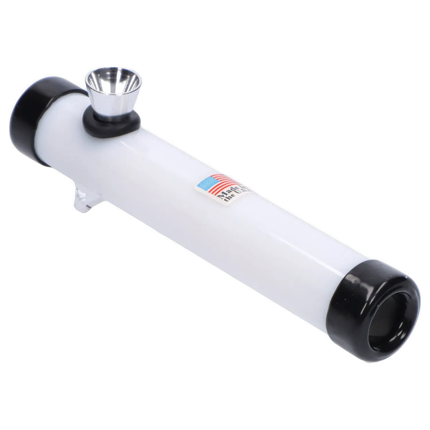 Angled close-up of the JM Plastics Smokey Joes Acrylic Steam Roller - 6 in., white tube with black end caps and a metal bowl against a white background