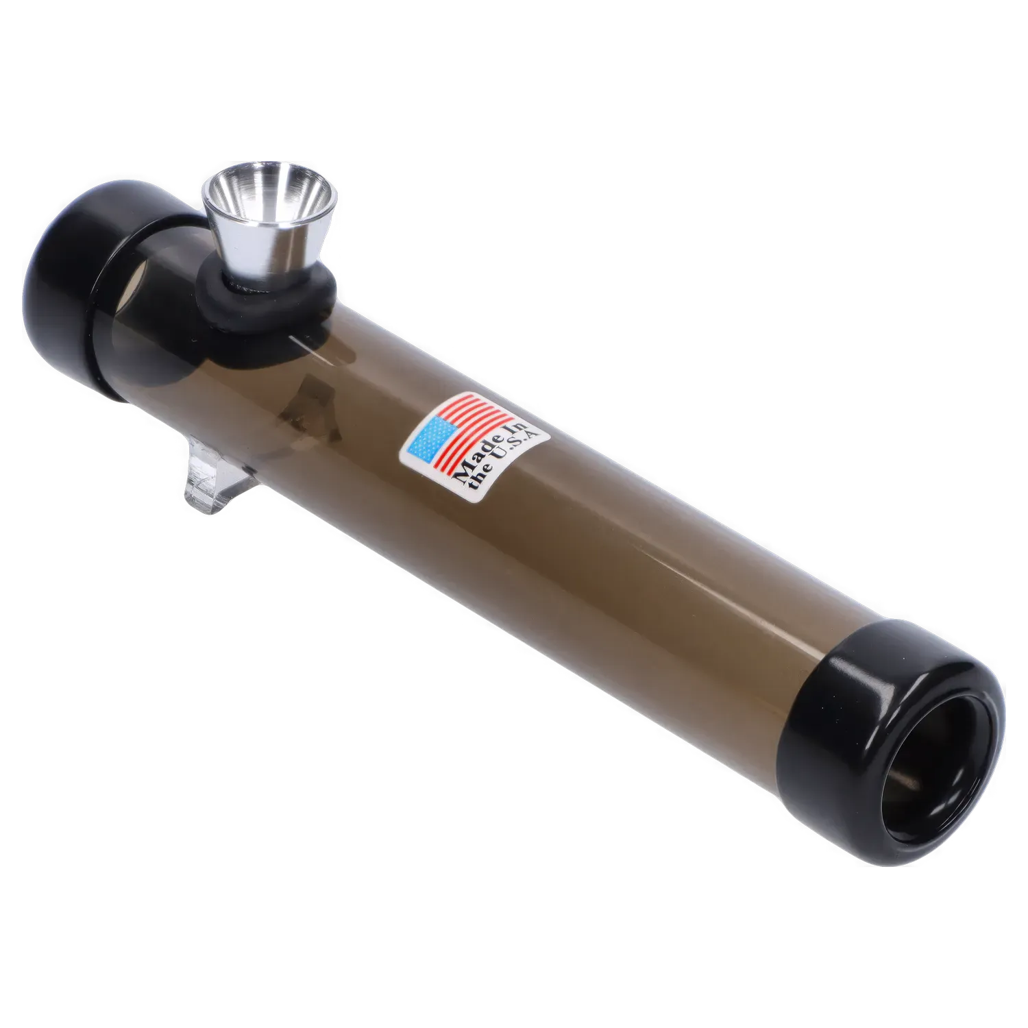 Angled close-up of the brown JM Plastics Smokey Joes Acrylic Steam Roller - 6 in. showing its silver metal bowl, black endcaps, and small "Made in the U.S.A." sticker