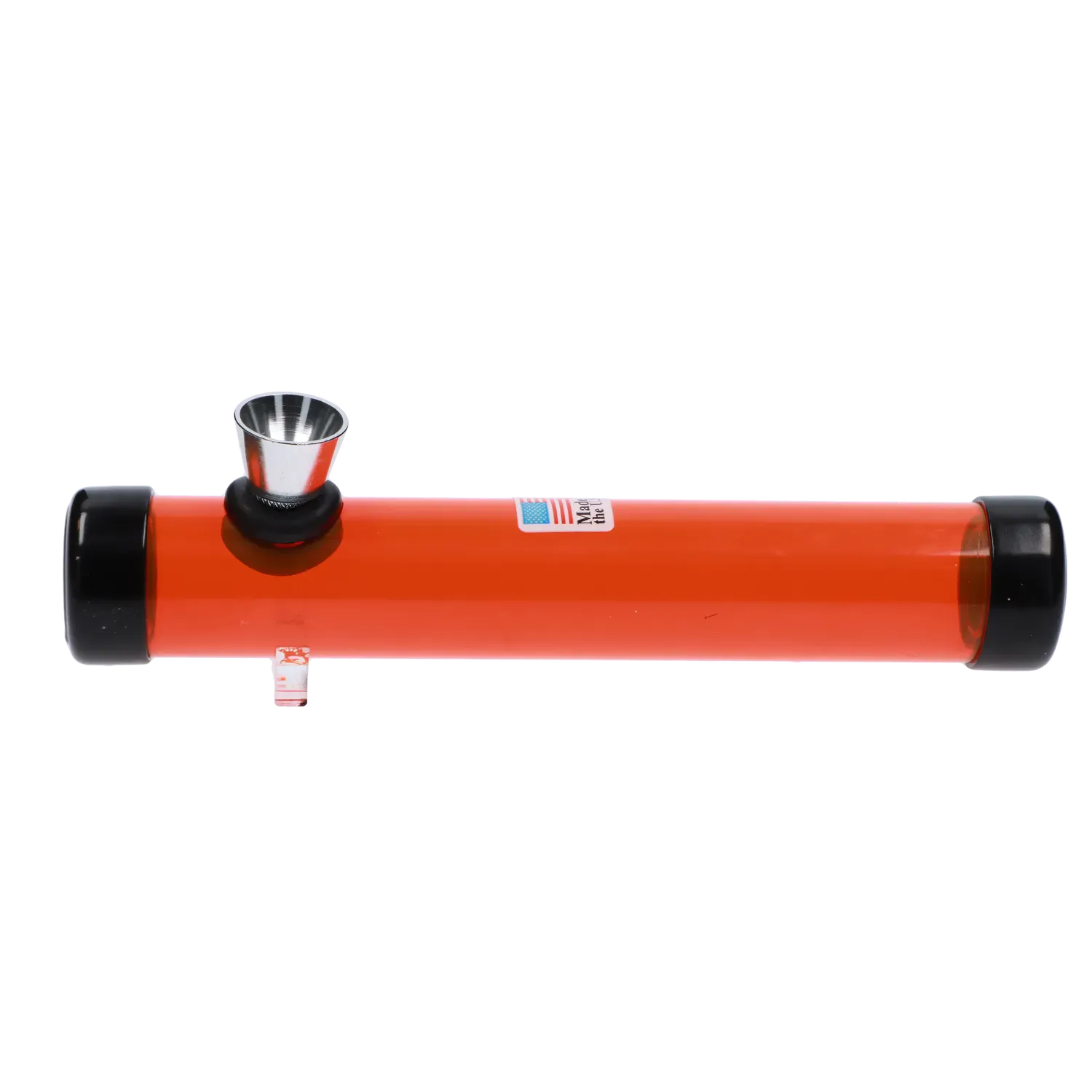 Side view of the JM Plastics Smokey Joes Acrylic Steam Roller - 6 in., a horizontal translucent red tube with black end caps and a metal bowl near the left end.