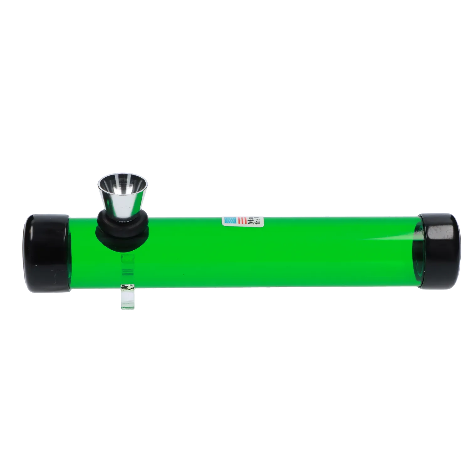 Side view of the JM Plastics Smokey Joes Acrylic Steam Roller - 6 in. showing a bright green cylindrical body with black end caps and a metal bowl near the left end.