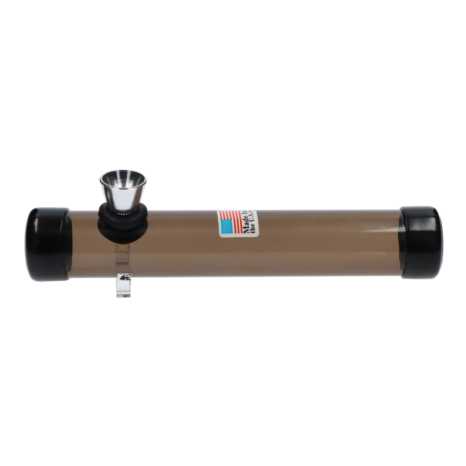 Side view of the JM Plastics Smokey Joes Acrylic Steam Roller - 6 in., a translucent brown cylindrical pipe with black end caps and metal bowl.