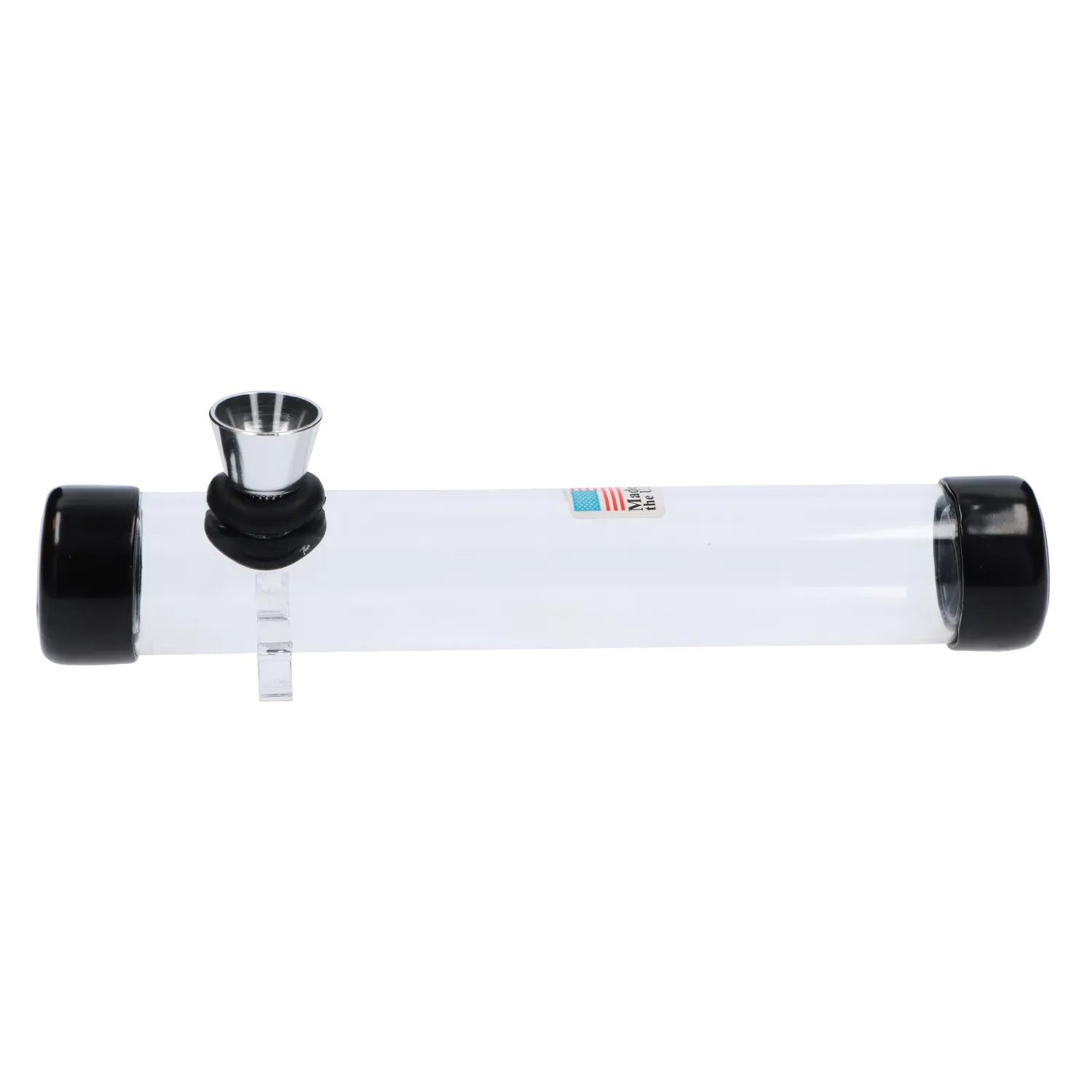 Side view of the JM Plastics Smokey Joes Acrylic Steam Roller - 6 in. showing a clear cylindrical tube with black end caps and bowl.