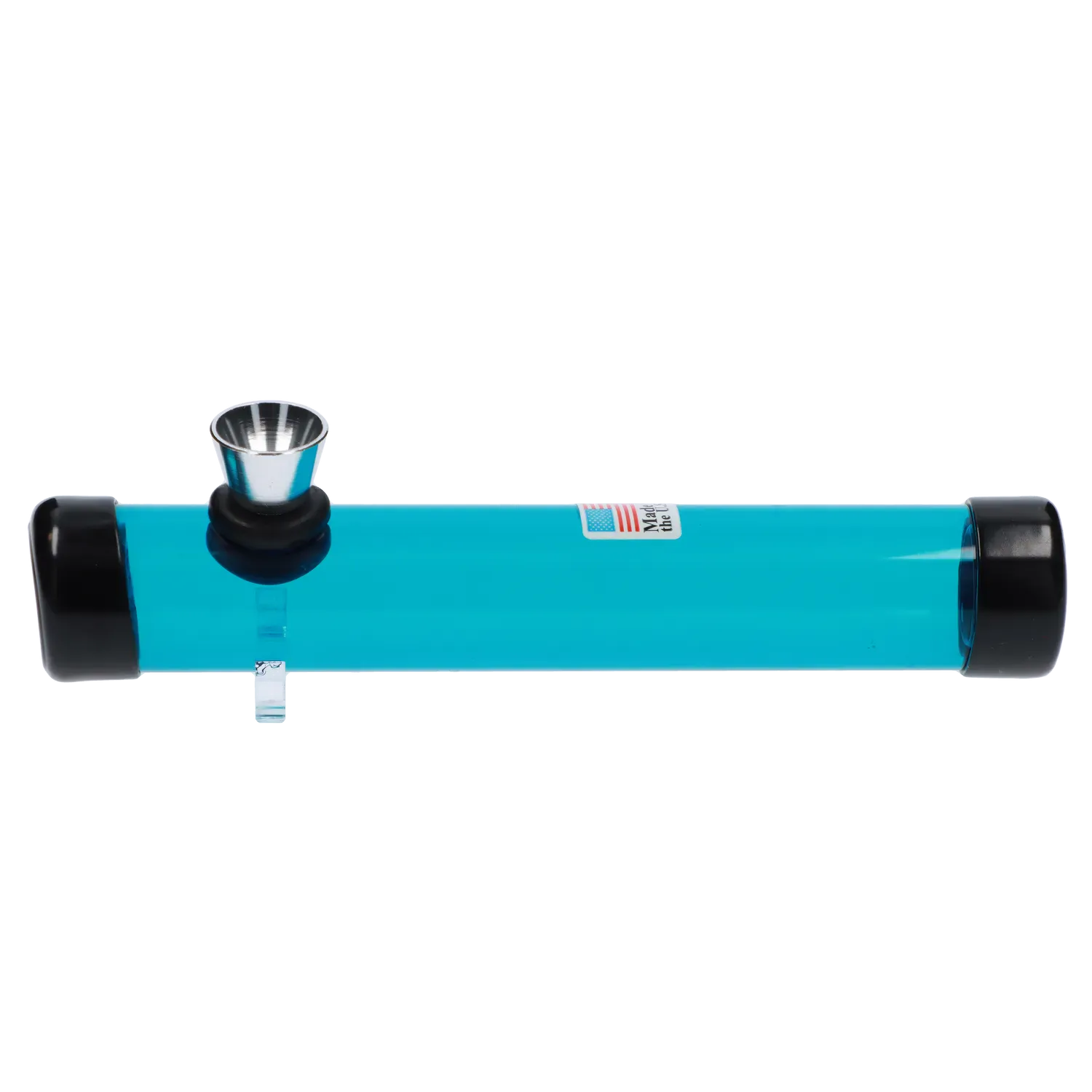 Side view of the JM Plastics Smokey Joes Acrylic Steam Roller - 6 in. showing a turquoise clear cylindrical tube with black end caps and a metal bowl near the left end.