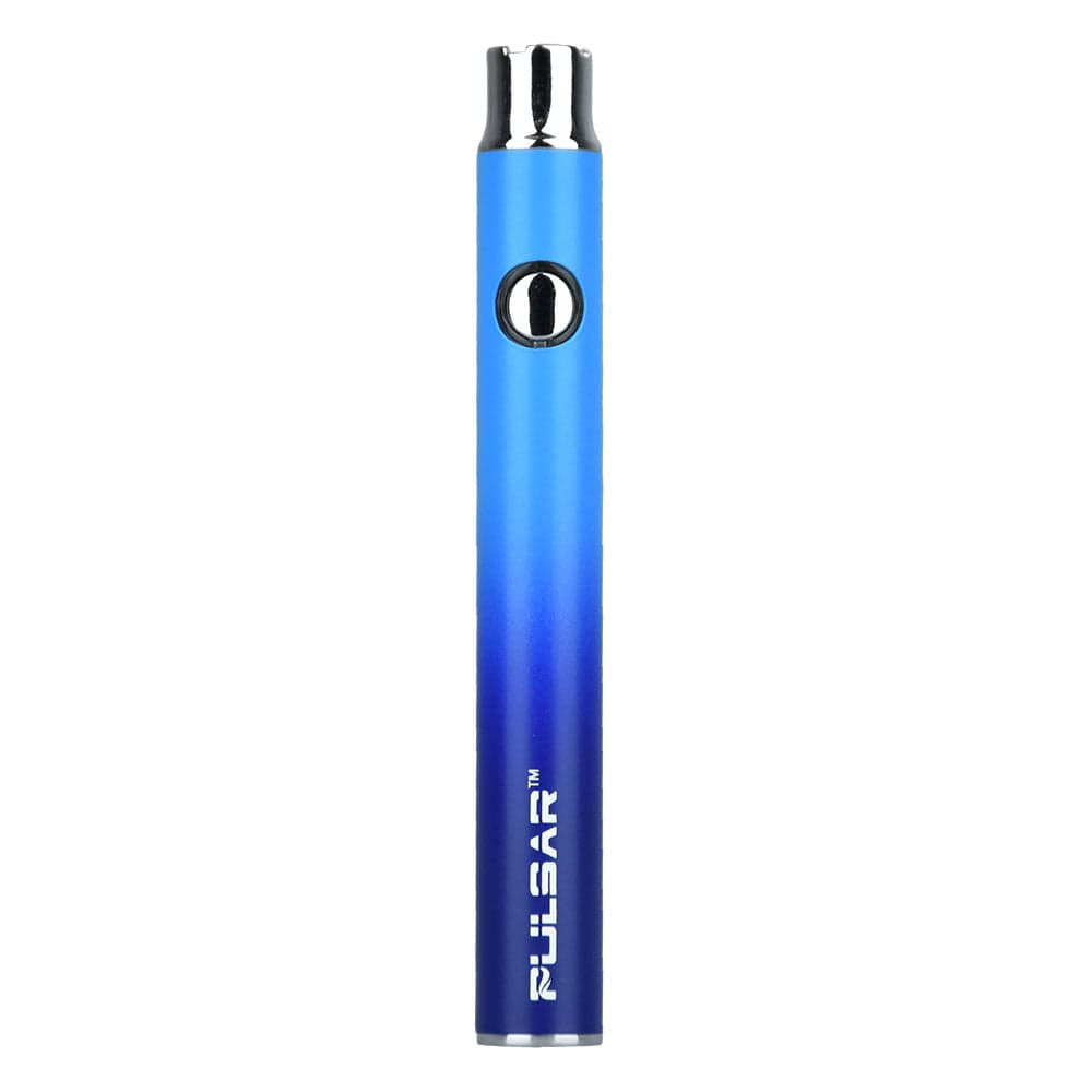 Straight-on view of a silver Pulsar Vv Battery W/ Preheat | 350Mah standing upright on a white background, showing its round power button and metallic top.