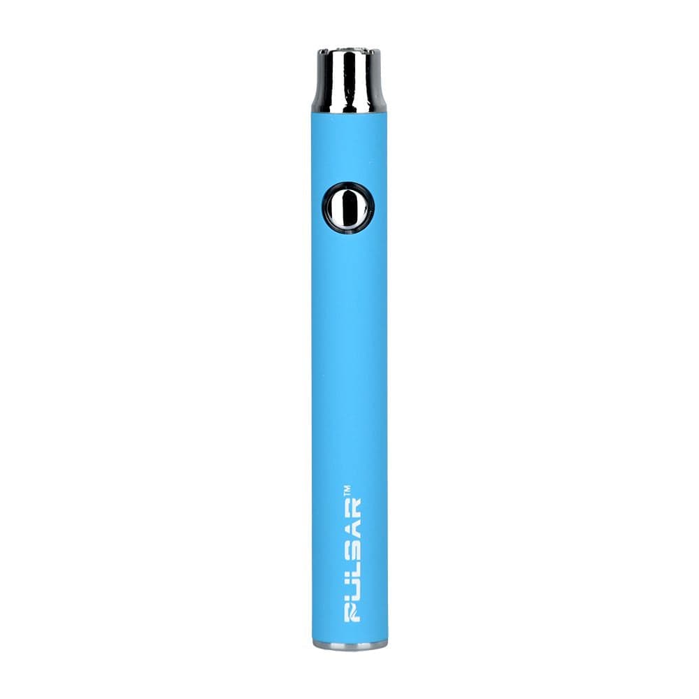 Center-aligned front view of the blue Pulsar Vv Battery W/ Preheat | 350Mah with chrome mouthpiece and single round button.