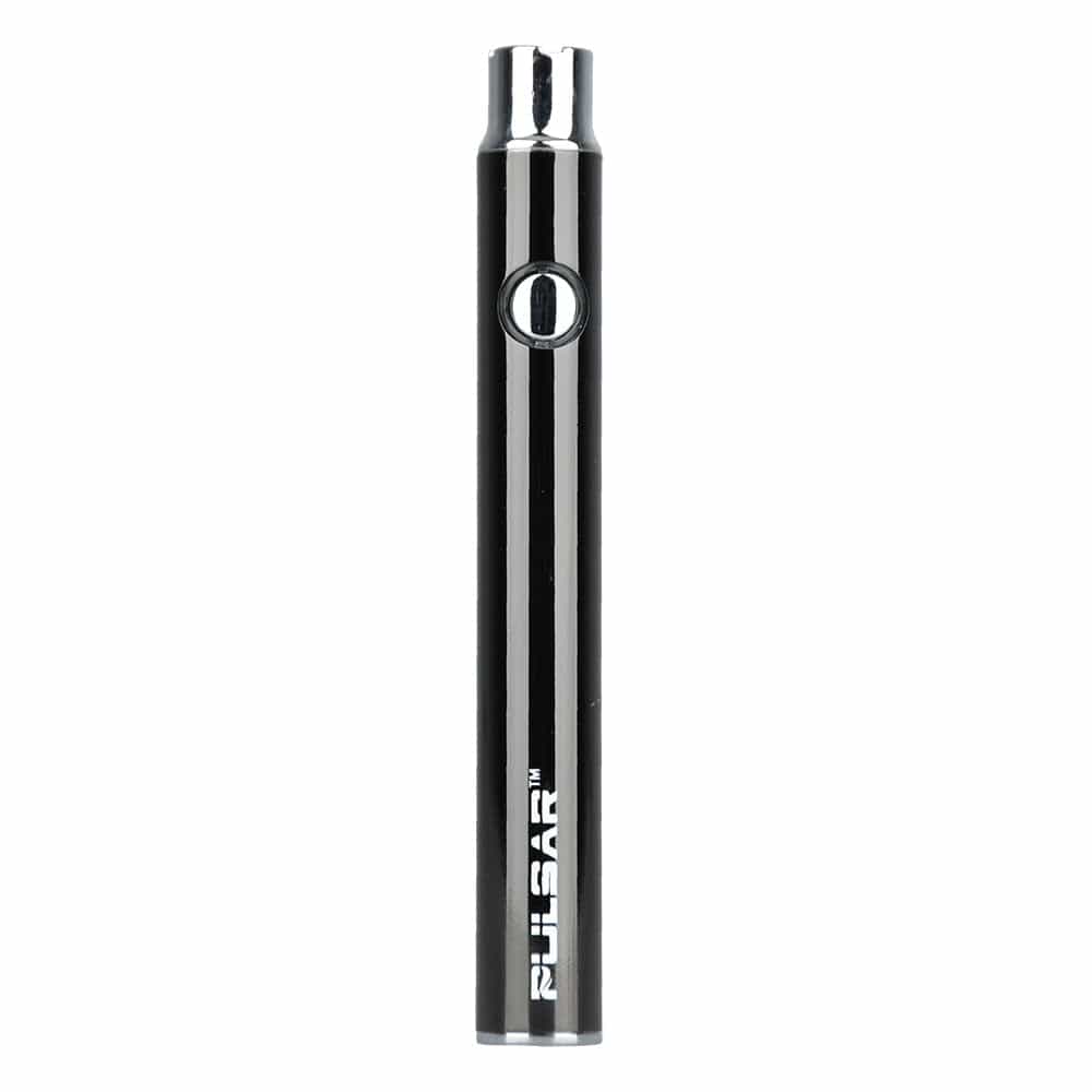 Center-on white shot of a glossy black Pulsar Vv Battery W/ Preheat | 350Mah standing upright, showing its single round button and vertical logo.