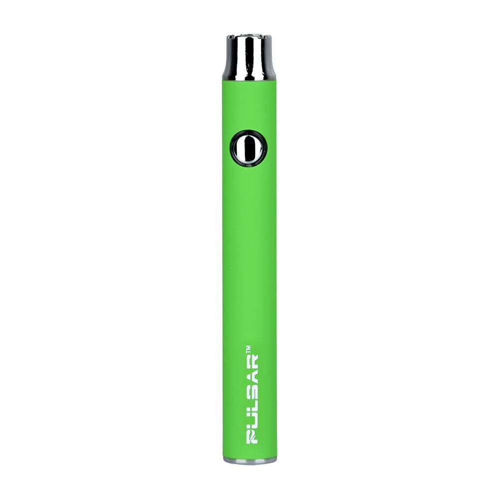 Centered front view of the green Pulsar Vv Battery W/ Preheat | 350Mah pen battery against a white background.