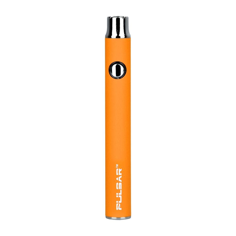 Centered front view of the bright orange Pulsar Vv Battery W/ Preheat | 350Mah standing upright against a white background.