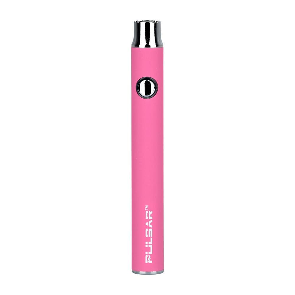 Centered studio shot of a vertical pink Pulsar Vv Battery W/ Preheat | 350Mah with a chrome button and mouthpiece on a white background
