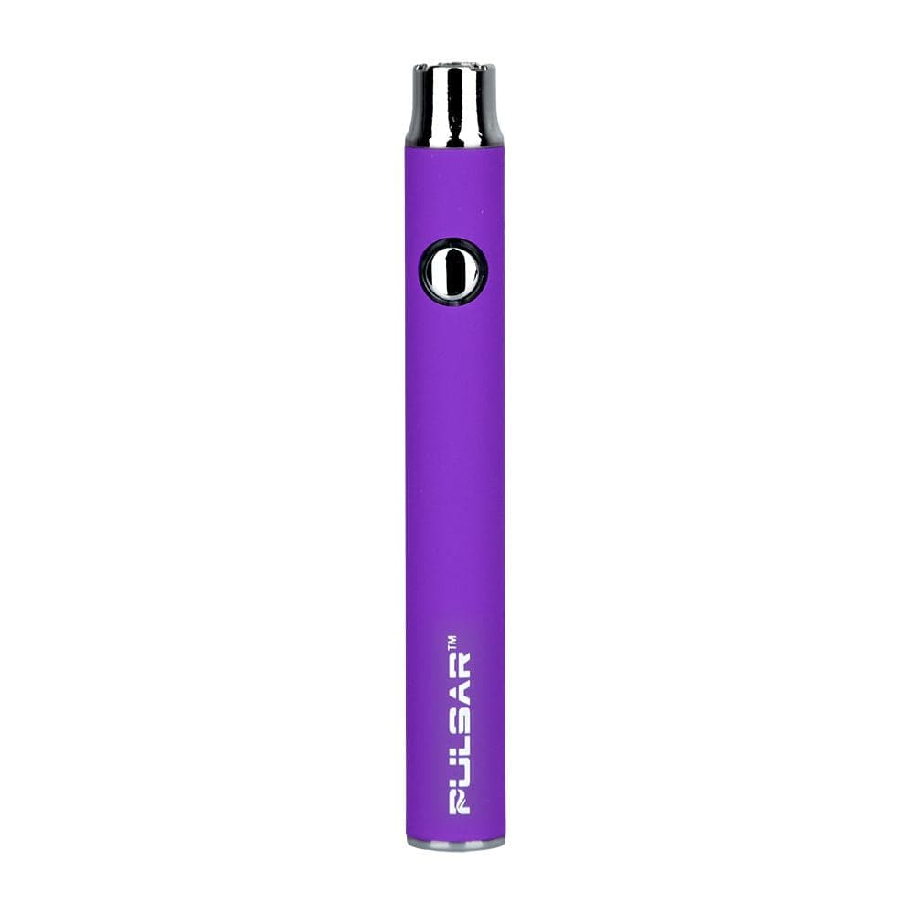 Straight-on view of a purple Pulsar Vv Battery W/ Preheat | 350Mah pen-style battery standing against a white background.
