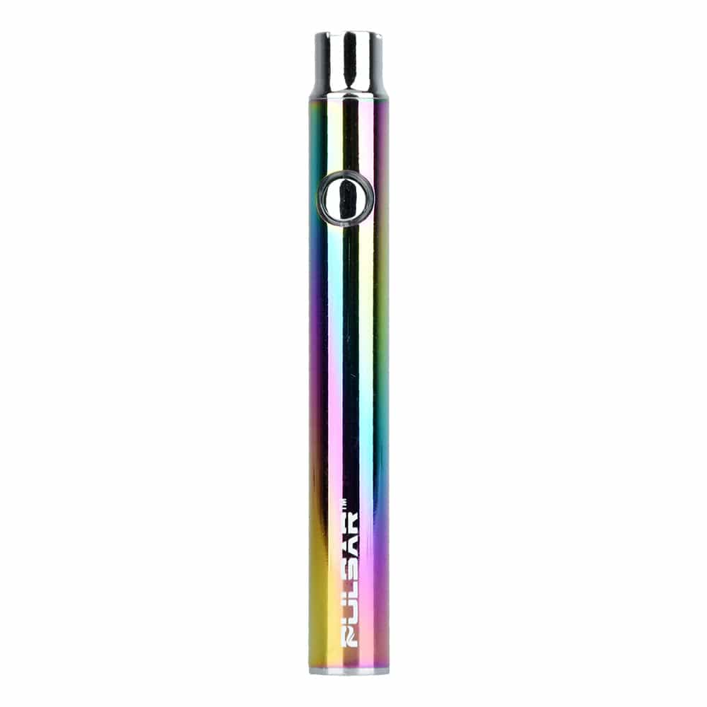 Center-aligned front view of the rainbow-finish Pulsar Vv Battery W/ Preheat | 350Mah showing its single circular button and white brand logo on a white background